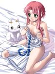  aria aria_pokoteng bed blush clothes_in_front covering green_eyes mizunashi_akari no_hat no_headwear nude_cover red_hair short_hair_with_long_locks sidelocks sitting smile solo undressing wariza yaso_shigeru 