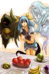  :o apple artist_request asymmetrical_wings banana belt black_gloves blue_hair denim denim_shorts dizzy fingerless_gloves food fruit gloves glowing glowing_eye grapes guilty_gear holding midriff necro_(guilty_gear) pear pirate plate pointing red_eyes shorts table tail undine_(guilty_gear) wings 