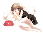  animal_ears bowl brown_hair character_request collar copyright_request dog_ears dog_tail dress jo_(overture) lying on_side panties pet_bowl pillow red_eyes ribbon short_hair solo tail thighhighs underwear white_legwear white_panties 