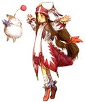  bandages blush brown_hair clavat creature final_fantasy final_fantasy_crystal_chronicles floating_hair full_body green_eyes habit hair_ribbon hair_tubes long_hair low-tied_long_hair moogle open_mouth outstretched_arms ribbon robe sakamoto_mineji shoes sidelocks simple_background smile solo spread_arms standing tiptoes very_long_hair white_mage 