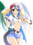  asymmetrical_wings belt blue_hair blue_sailor_collar breasts denim denim_shorts dizzy fingerless_gloves gloves guilty_gear long_hair medium_breasts norizou_type-r pirate red_eyes sailor_collar shorts solo tail underboob wings 