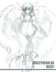  amami_fuu blush boots breasts cleavage dizzy guilty_gear high_heels long_hair long_sleeves medium_breasts monochrome shoes sketch smile solo tail thighhighs wings 