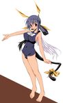  asymmetrical_wings barefoot covered_nipples dizzy feet guilty_gear name_tag one-piece_swimsuit ribbon school_swimsuit shiragi solo swimsuit tail tail_ribbon wings 