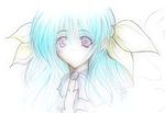  amami_fuu blue_hair blue_ribbon closed_mouth dizzy expressionless face guilty_gear hair_ribbon purple_eyes ribbon simple_background sketch solo upper_body white_background 