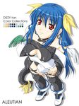  asymmetrical_wings bad_perspective blue_hair boots breasts choker cleavage dizzy guilty_gear large_breasts long_hair long_sleeves lowres racco ribbon smile solo tail tail_ribbon thighhighs wings 