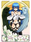  asymmetrical_wings black_legwear blue_hair bow breasts choker cleavage covering crossed_arms dizzy flower guilty_gear hair_bow long_hair long_sleeves medium_breasts navel necro_(guilty_gear) o-no_tatsuki off_shoulder red_eyes tail thighhighs undine_(guilty_gear) wings 