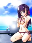  bikini breast_squeeze breasts day fate/stay_night fate_(series) kneeling large_breasts long_hair matou_sakura purple_eyes purple_hair solo swimsuit tougeya_honpo underboob 