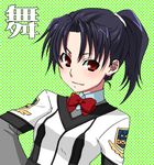  black_hair bow bowtie emblem green_background gunparade_march kuroo_(project_apricot) long_sleeves looking_at_viewer ponytail red_eyes scrunchie shibamura_mai simple_background smile solo uniform white_scrunchie 
