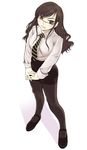  brown_eyes brown_hair from_above glasses kazu kikuko_(kazu) legs long_hair long_sleeves mary_janes miniskirt necktie office_lady open_mouth original pantyhose pencil_skirt shoes skirt solo standing v_arms 