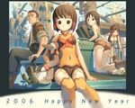  2006 3girls bird breasts brown_eyes brown_hair cleavage duck from_behind hug leaning_forward looking_back multiple_girls new_year original short_hair shorts sitting small_breasts smile thighhighs tougetsu_gou zettai_ryouiki 