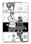  2girls ahoge braid comic doujinshi gloves graf_eisen greyscale hammer hard_translated hat hentai_kamen jacket long_sleeves lyrical_nanoha magical_girl mahou_shoujo_lyrical_nanoha mahou_shoujo_lyrical_nanoha_a's mask mikage_takashi monochrome multiple_girls open_clothes open_jacket takamachi_nanoha thighhighs translated twin_braids twintails vita 