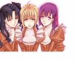  apron artist_request artoria_pendragon_(all) black_hair blonde_hair blue_eyes fate/stay_night fate_(series) green_eyes hair_ribbon long_sleeves maid maid_apron matou_sakura multiple_girls purple_eyes purple_hair ribbon saber simple_background toosaka_rin two_side_up upper_body waitress white_background 