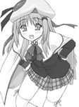  beret buttons cape fangs greyscale hat large_buttons little_busters! long_hair long_sleeves monochrome noumi_kudryavka shichimenchou solo thighhighs 