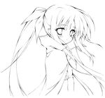  cape dress fate_testarossa from_side greyscale hair_ribbon long_hair looking_at_viewer lyrical_nanoha magical_girl mahou_shoujo_lyrical_nanoha mahou_shoujo_lyrical_nanoha_a's monochrome munyuu parted_lips ponytail ribbon simple_background solo upper_body white_background 