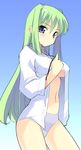  blue_eyes blush breasts copyright_request dress_shirt green_hair long_hair long_sleeves medium_breasts navel no_pants open_clothes open_shirt panties shirt sikorsky solo standing underwear white_panties 