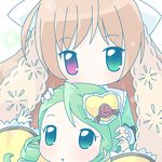  :o arms_up blue_eyes brown_hair chibi close-up face frills green_eyes green_hair hair_ornament heart heart_hair_ornament heterochromia kanaria long_hair looking_at_viewer mirai_(sugar) multiple_girls parted_lips red_eyes rozen_maiden simple_background suiseiseki white_background 