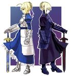  armor armored_dress artoria_pendragon_(all) blonde_hair caliburn dark_excalibur dark_persona dress dual_persona excalibur fate/stay_night fate_(series) faulds full_body hand_on_hilt long_sleeves multiple_girls polar_opposites saber saber_alter sheath sheathed sword weapon yu_65026 