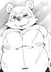  2019 anthro belly canid canine male mammal moobs navel nipples overweight overweight_male raccoon_dog scar sengoku_puzzle simple_background solo tanuki tiri_mama tokugawa_ieyasu 