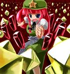  artist_request blue_eyes bow braid china_dress chinese_clothes chop crystal dress hair_bow hat hong_meiling long_hair lowres open_mouth pink_hair shatter solo star touhou twin_braids 