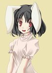  animal_ears black_hair bunny_ears face inaba_tewi nakamura_kusata open_mouth red_eyes short_hair smile solo touhou yellow_background 