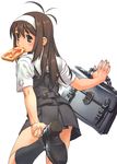  ahoge antenna_hair brown_eyes brown_hair eating food food_in_mouth hairband late_for_school long_hair mouth_hold original pleated_skirt school_uniform skirt solo suitcase tanaka_kunihiko toast toast_in_mouth 