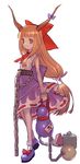  bangs bare_shoulders belt blunt_bangs blush bobby_socks bow chain closed_mouth cube cuffs eyebrows eyebrows_visible_through_hair full_body gourd hair_bow holding horn_bow horn_ribbon horns ibuki_suika large_bow long_hair looking_at_viewer low-tied_long_hair oni oni_horns orange_eyes orange_hair purple_bow purple_footwear purple_skirt pyramid_(geometry) red_bow red_ribbon ribbon ribbon-trimmed_clothes ribbon-trimmed_skirt ribbon_trim sakamoto_mineji shackles shirt shoes simple_background skirt sleeveless sleeveless_shirt smile socks solo sphere standing torn_clothes torn_shirt touhou very_long_hair white_background white_legwear white_shirt 