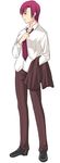  adjusting_clothes bazett_fraga_mcremitz dress_shirt earrings fate/hollow_ataraxia fate/stay_night fate_(series) formal full_body jewelry long_sleeves looking_away necktie pant_suit red_hair shirt shoes short_hair simple_background solo standing suit suit_jacket toshibou_(satsukisou) white_background white_shirt 