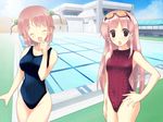  :d artist_request blue_swimsuit closed_eyes cloud competition_swimsuit day game_cg goggles goggles_on_head hair_bobbles hair_ornament hand_on_hip hitomi_sena hitomi_yomi multiple_girls one-piece_swimsuit open_mouth outdoors perspective pink_hair pool poolside red_eyes red_swimsuit school siblings sisters sky smile sukumizu_2 swimsuit tachi-e 