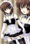  arm_garter black_legwear brown_eyes brown_hair cosplay detached_collar elbow_gloves flat_chest frilled_gloves frilled_legwear frills garter_straps gloves kore_ga_watashi_no_goshujin-sama maid maid_headdress mamoru_(sister_princess) masakichi_(crossroad) multiple_views nakabayashi_yoshitaka's_maid_uniform short_hair sister_princess thighhighs white_gloves 