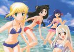  ahoge artoria_pendragon_(all) beach bikini black_hair blonde_hair blue_eyes breasts cloud crease day fate/stay_night fate_(series) green_eyes highres illyasviel_von_einzbern long_hair long_legs matou_sakura multiple_girls outdoors purple_eyes purple_hair red_eyes ribbon saber shirotsumekusa side-tie_bikini silver_hair sky smile string_bikini swimsuit toosaka_rin water 