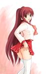  blush brown_eyes from_side kousaka_tamaki long_hair long_sleeves looking_at_viewer no_panties red_hair ryp school_uniform serafuku skirt skirt_lift solo thighhighs to_heart_2 very_long_hair 