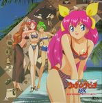  90s animal_print bikini black_sarong bow copyright_name hanasaki_momoko hug ichiishi_sayuri logo magical_girl multiple_girls navel official_art pink_hair sarong scan scarlet_ohara see-through swimsuit tamano_hinagiku tanima_yuri translucent_sarong wedding_peach yellow_bow zebra_print 