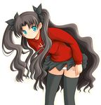  black_hair black_legwear blush fate/stay_night fate_(series) green_eyes hair_ribbon leaning_forward long_hair long_sleeves miniskirt panties panty_pull ribbon ryp skirt skirt_lift solo standing thighhighs toosaka_rin turtleneck two_side_up underwear undressing very_long_hair white_panties 