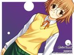  blush brown_eyes brown_hair glasses long_sleeves purple_background short_hair skirt solo sweater_vest to_heart_2 watermark web_address yamada_michiru yuuki_keisuke 