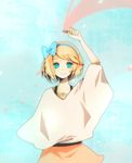  aqua_eyes bad_id bad_pixiv_id blonde_hair bow hair_bow kagamine_rin lipstick makeup shiromame short_hair smile solo vocaloid 