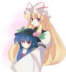  blonde_hair blue_hair blush hat hinanawi_tenshi hug hug_from_behind multiple_girls purple_eyes seo_tatsuya simple_background touhou yakumo_yukari 