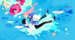  1girl arakawa_under_the_bridge black_hair blue_eyes bubble fish flower highres ichinomiya_kou jacket long_hair mig_(36th_underground) necktie nino_(arakawa) pink_hair shoes short_hair shorts star track_jacket underwater uwabaki venus_to_jesus water 