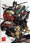  belt black_gloves blazblue blonde_hair chain cover cover_page elbow_gloves fedora fingerless_gloves gloves green_eyes green_hair grin hat hazama heterochromia ishiwatari_daisuke jin_kisaragi knife multiple_boys official_art ragna_the_bloodedge red_eyes sheath sheathed short_hair smile sword uniform weapon white_gloves white_hair yellow_eyes 