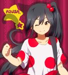  black_hair food fruit holding holding_food holding_fruit k-on! listen!! long_hair nakano_azusa one_eye_closed orange_eyes polka_dot sasakikkusu side_ponytail solo strawberry 