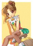  barrel bell brown_eyes brown_hair brown_legwear gadget_(suikoden) gensou_suikoden gensou_suikoden_ii gloves long_hair meg_(suikoden) multicolored multicolored_eyes ponytail purple_eyes sensaki_chihiro shoes sitting skirt thighhighs white_gloves yellow_background zettai_ryouiki 