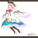  akisa animal_ears bad_id bad_pixiv_id blush boots bow character_name cosplay dress flying food fruit gradient hat hinanawi_tenshi hinanawi_tenshi_(cosplay) knee_boots mystia_lorelei open_mouth peach pink_eyes pink_hair shadow short_hair solo touhou wings 