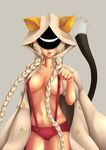  animal_ears animal_hood blazblue blonde_hair braid breasts cat_ears cat_hood cat_tail fangs hood hoodie large_breasts lips long_hair masa_(masa0430) mask navel open_mouth paw_pose solo suspenders tail taokaka twin_braids 