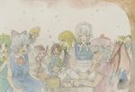  bad_id bad_pixiv_id cirno cup daiyousei grin izayoi_sakuya kawashiro_nitori kirisame_marisa konishi_mao maid multiple_girls mystia_lorelei no_nose petals profile reiuji_utsuho remilia_scarlet rumia shiki_eiki smile teacup touhou traditional_media tree watercolor_(medium) 