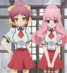  2girls baka_to_test_to_shoukanjuu cap highres himeji_mizuki long_hair multiple_girls pink_hair school_uniform screencap shimada_minami smile 