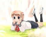  black_legwear grass ikeda_jun_(mizutamari) kneehighs lying on_stomach original school_uniform serafuku shoes side_ponytail socks solo uwabaki 