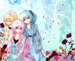  aqua_eyes aqua_hair bad_id bad_pixiv_id blonde_hair bow earrings hair_bow hair_ribbon hairband hatsune_miku jewelry kagamine_rin long_hair megurine_luka multiple_girls petals pink_hair ribbon suteakadesuyo vocaloid 