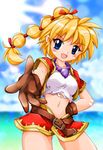  bad_id bad_pixiv_id belt blonde_hair blue_eyes blush breasts chrono_cross cloud crop_top day fang gloves hand_on_hip jewelry kid_(chrono_cross) long_hair medium_breasts midriff multi-tied_hair navel necklace ocean outstretched_hand ponytail shorts sky smile solo sun torn_clothes zipang_(zip@ng_works) 