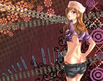  belt brown_eyes brown_hair butt_crack crop_top earrings from_behind front-tie_top hands_on_hips hat highres jewelry long_hair looking_back midriff nagare original panties shirt shorts solo tied_shirt underwear 