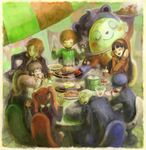  5girls amagi_yukiko black_hair cabbie_hat closed_eyes doujima_nanako drinking eating food grey_hair hairband hanamura_yousuke hat highres kujikawa_rise kuma_(persona_4) long_hair mokkemokke multiple_boys multiple_girls narukami_yuu persona persona_4 red_hair satonaka_chie school_uniform serafuku shirogane_naoto tatsumi_kanji twintails white_hair 