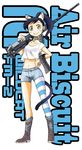  aircraft airplane animal_ears bell boots browning_m2 collar cowboy_boots denim denim_shorts f4f_wildcat gun heavy_machine_gun machine_gun matsuda_miki midriff military original pantyhose personification ponytail shorts smile solo striped striped_legwear tail weapon world_war_ii 